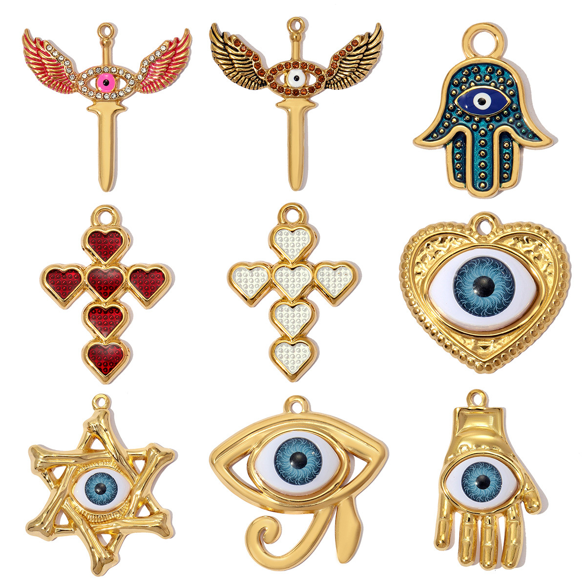 6pcs/pack Stainless Steel Enamel Hamsa Hand Evil Eye DIY Charms Love Heart Cross Necklace Pendants Women Wing Jewelry Wholesale