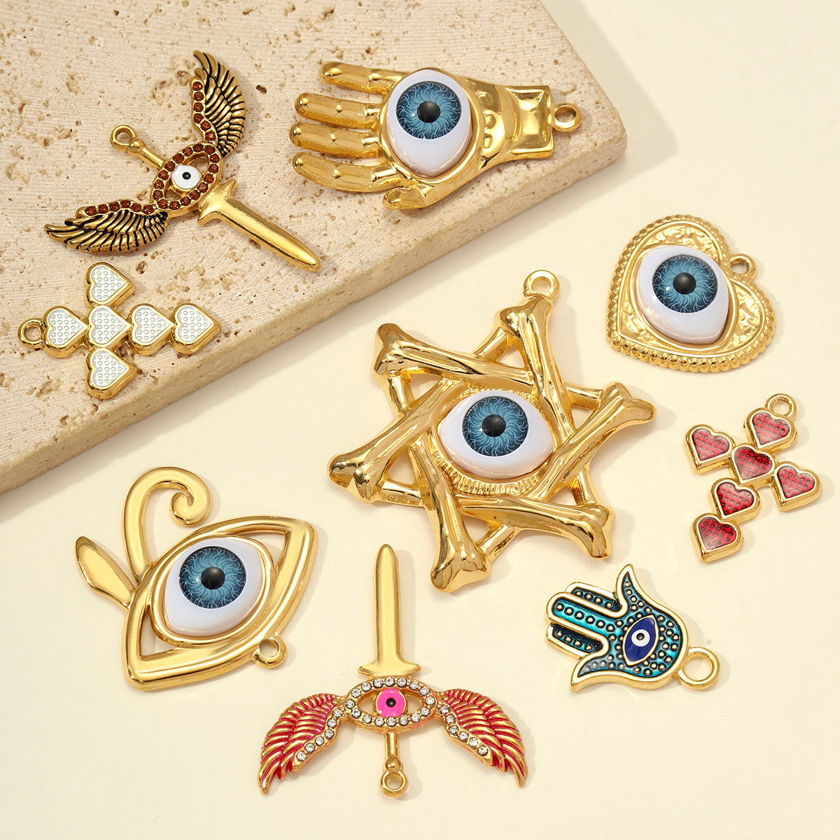 6pcs/pack Stainless Steel Enamel Hamsa Hand Evil Eye DIY Charms Love Heart Cross Necklace Pendants Women Wing Jewelry Wholesale