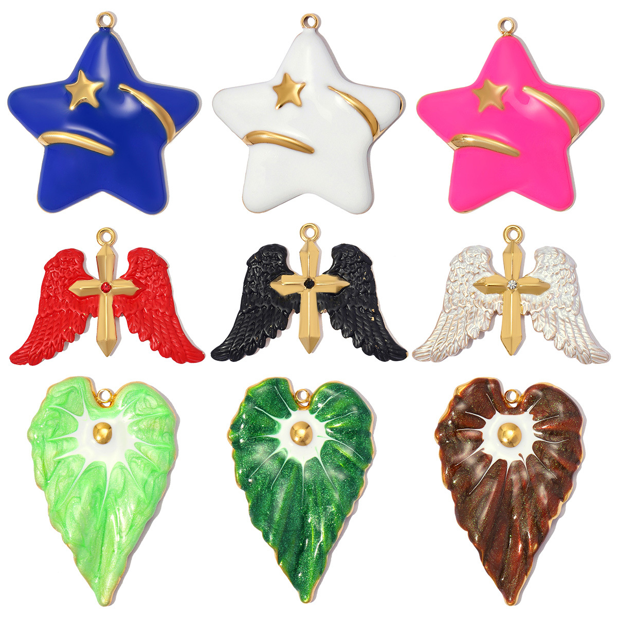 6pcs/pack Large Stainless Steel Enamel Star Angel Cross DIY Charms Heart Leaf Necklace Pendants Women Wing Jewelry Wholesale