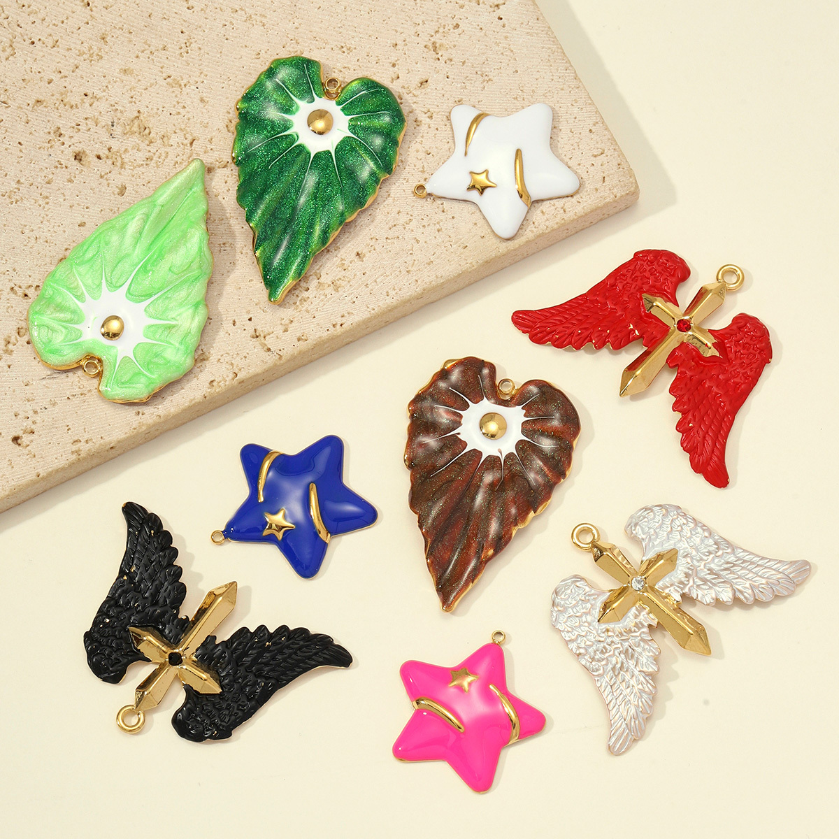 6pcs/pack Large Stainless Steel Enamel Star Angel Cross DIY Charms Heart Leaf Necklace Pendants Women Wing Jewelry Wholesale