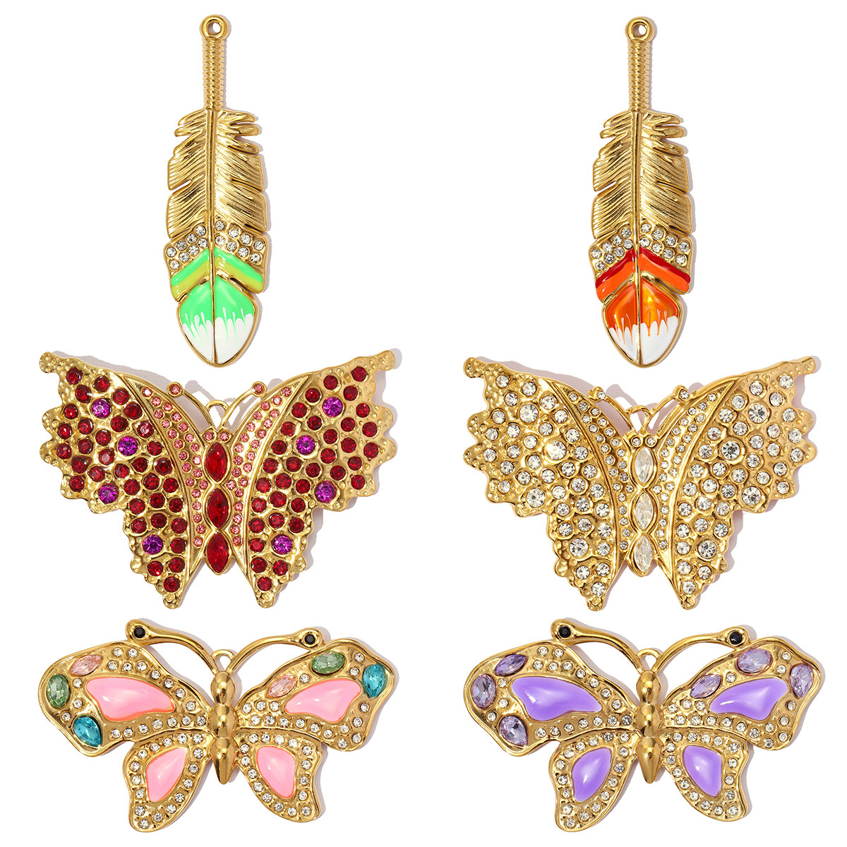 6pcs/pack Large Stainless Steel Rhinestone Feather Leaf DIY Charms Enamel Butterfly Necklace Pendants Women Jewelry Wholesale