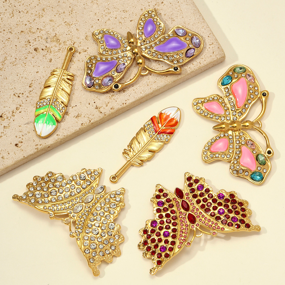 6pcs/pack Large Stainless Steel Rhinestone Feather Leaf DIY Charms Enamel Butterfly Necklace Pendants Women Jewelry Wholesale