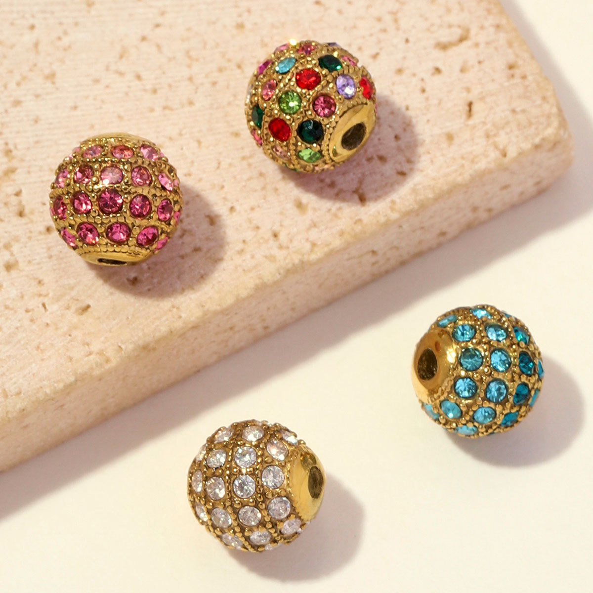6pcs/pack 18K Real Gold CZ DIY Basic Spacer Beads Stainless Steel Micro Pave Zircon Charms for Woman Jewelry Bracelet Wholesale