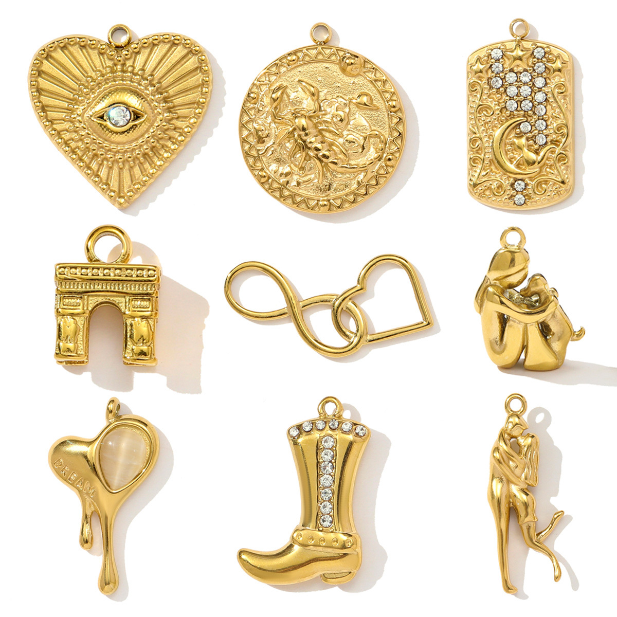6pcs/pack Stainless Steel 3D The Triumphal Arch Lovers Pendants Boot Heart Eye DIY Charms Women French Love Dog Dream Jewelry