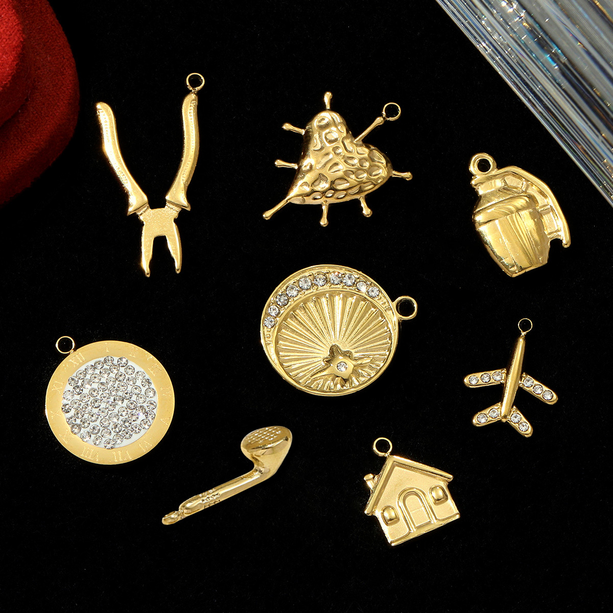6pcs/pack Stainless Steel Rhinestone Dial Moon Heart Pendants Pliers Earphones DIY Bracelet Charms Women House Airplane Jewelry