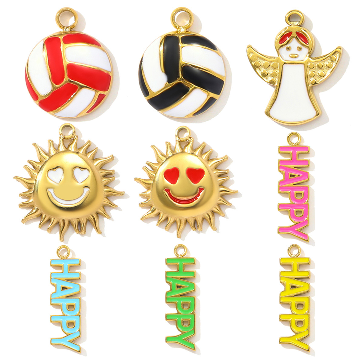 6pcs/pack Fashion Stainless Steel Enamel Happy Love Sun Pendants Baseball Sport DIY Bracelet Charms Women Lucky Angel Jewelry