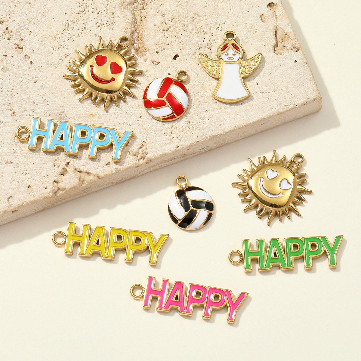 6pcs/pack Fashion Stainless Steel Enamel Happy Love Sun Pendants Baseball Sport DIY Bracelet Charms Women Lucky Angel Jewelry
