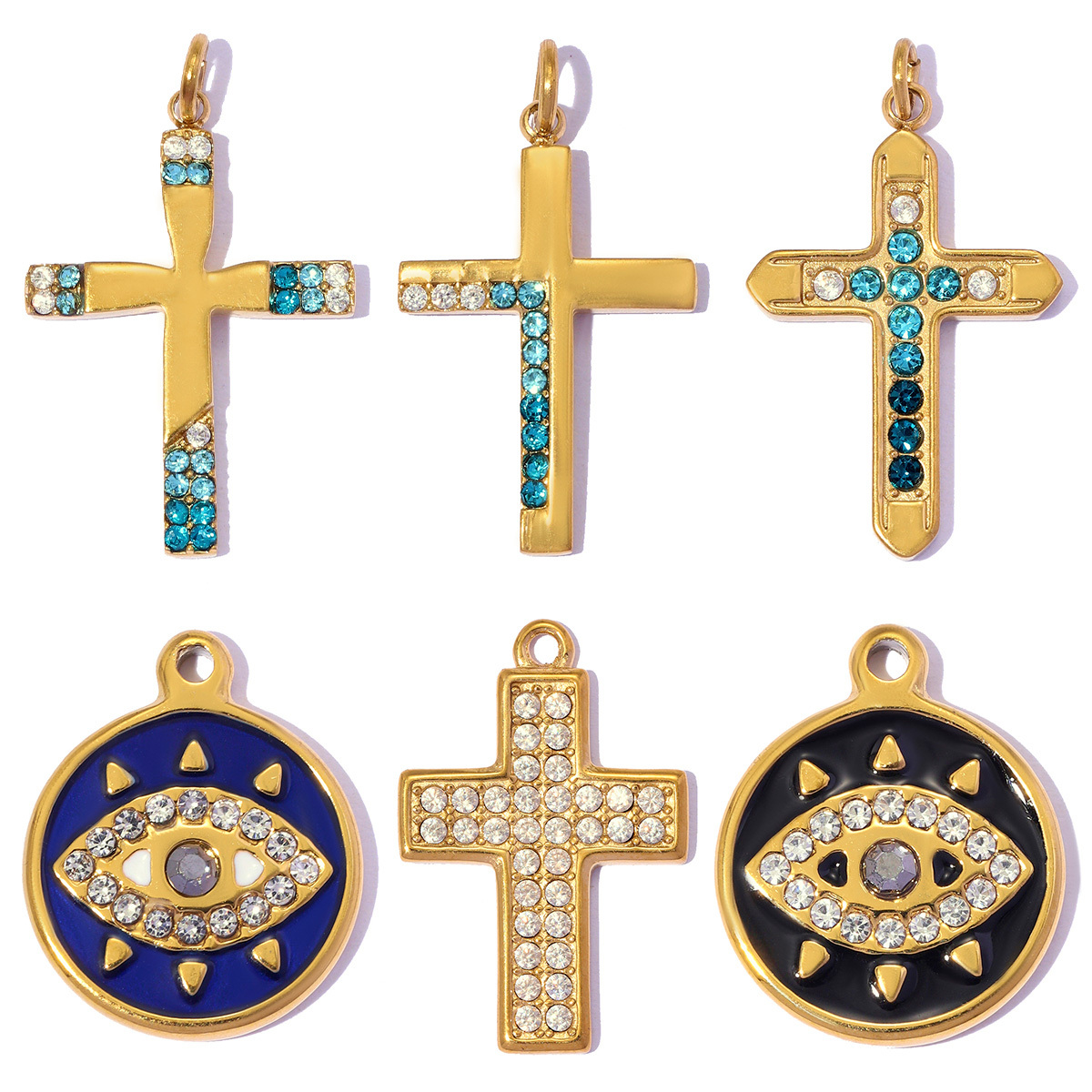 6pcs/pack Fashion Stainless Steel Enamel Evil Eye DIY Bracelet Charms Rhinestone Cross Necklace Pendants Women Jewelry Wholesale