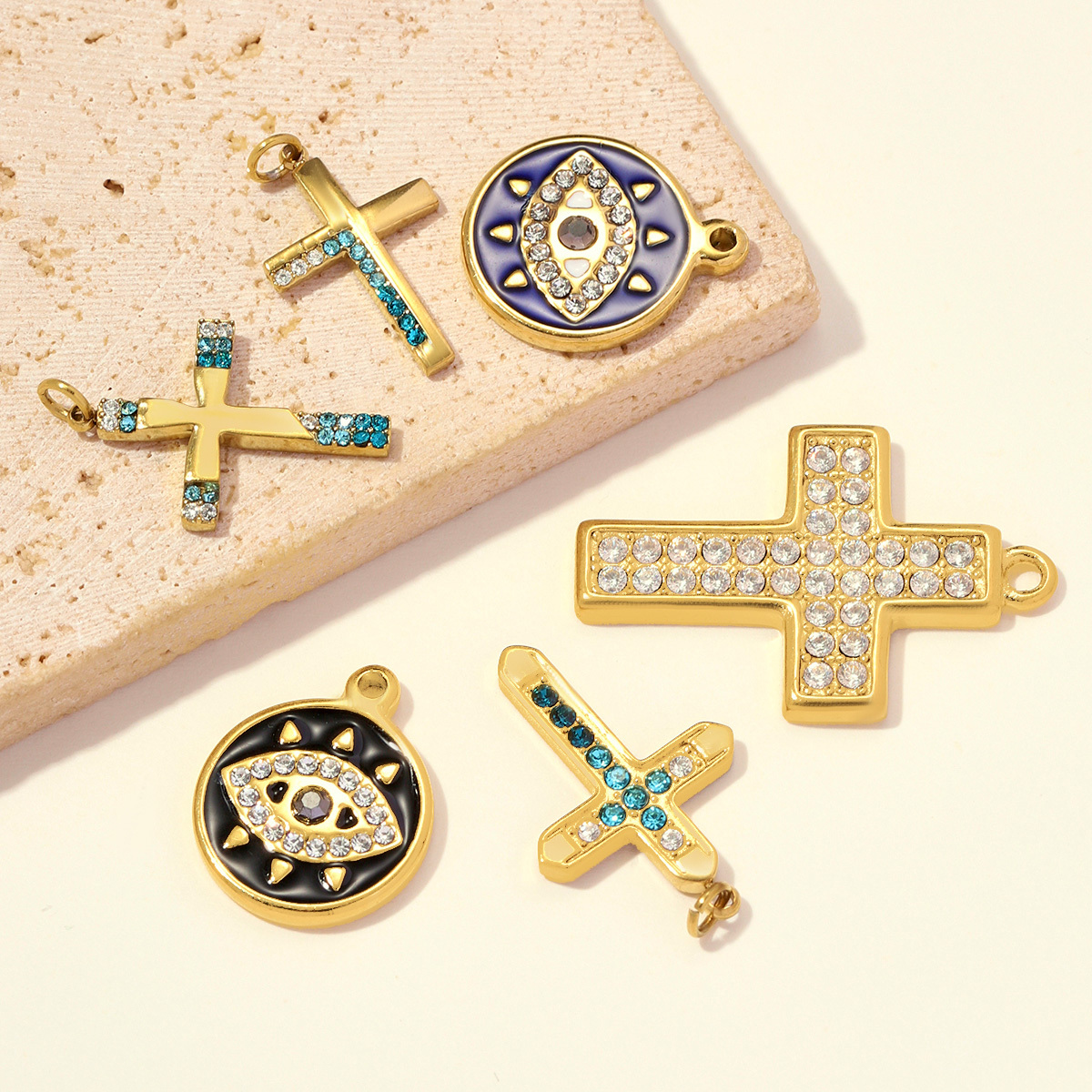 6pcs/pack Fashion Stainless Steel Enamel Evil Eye DIY Bracelet Charms Rhinestone Cross Necklace Pendants Women Jewelry Wholesale