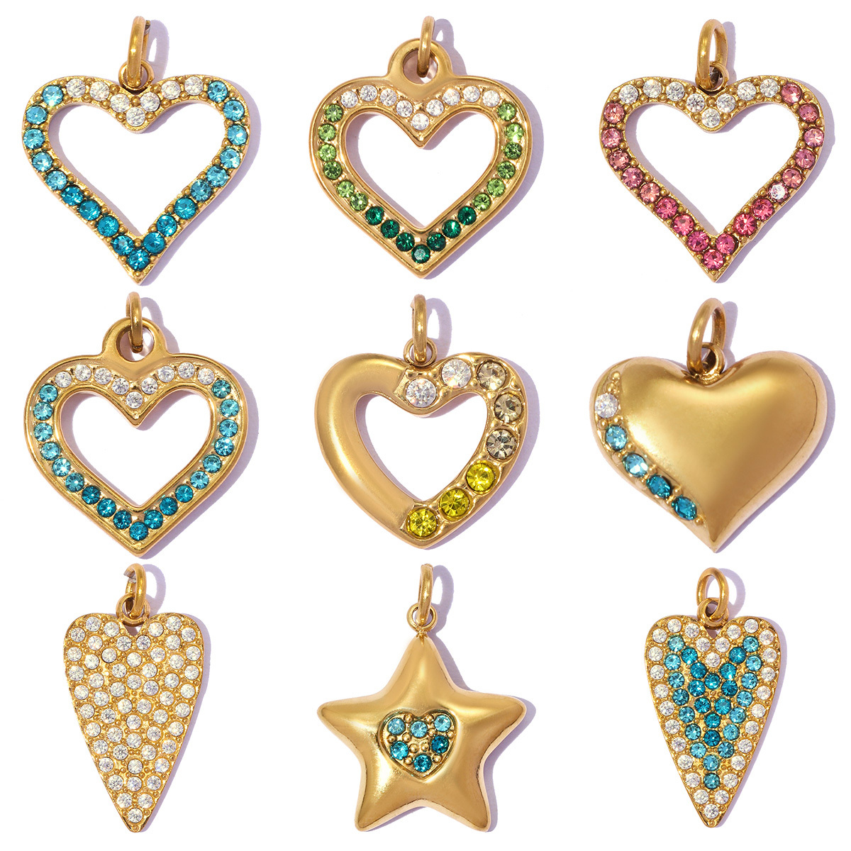 6pcs/pack Stainless Steel Rhinestone Star DIY Bracelet Charms Hollow Love Heart  Necklace Pendants Women Earring Jewelry Wholesale