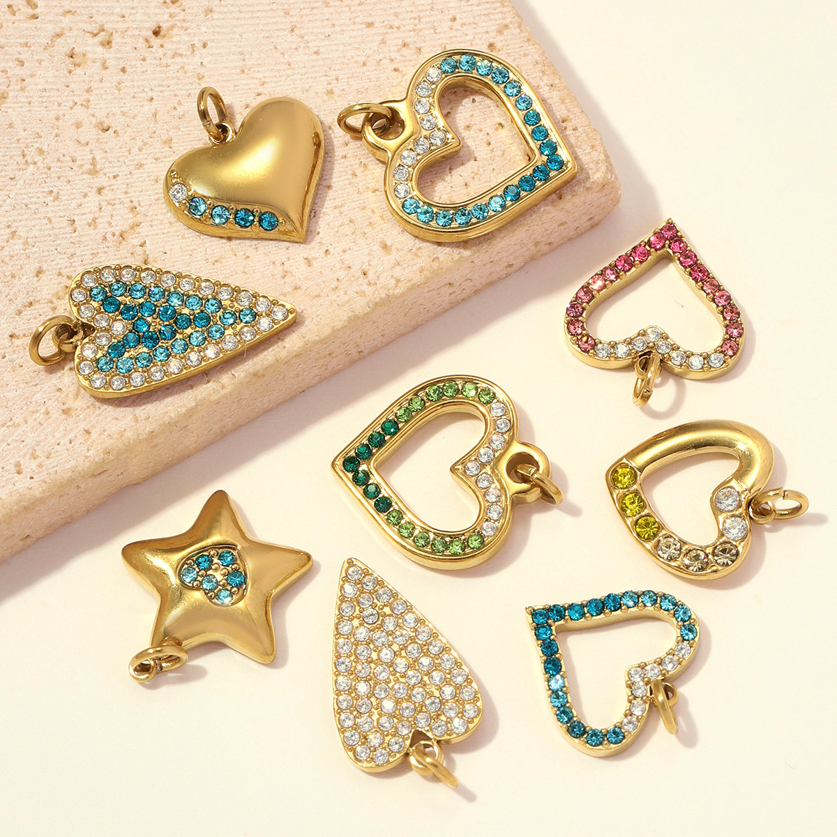 6pcs/pack Stainless Steel Rhinestone Star DIY Bracelet Charms Hollow Love Heart  Necklace Pendants Women Earring Jewelry Wholesale