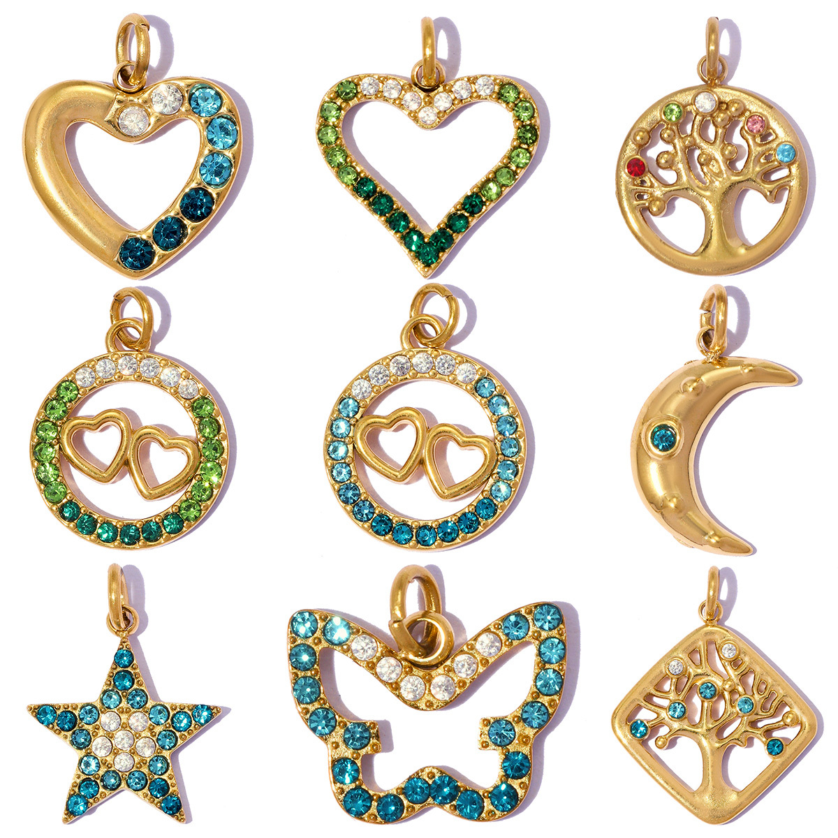6pcs/pack Stainless Steel Rhinestone Butterfly Life Tree DIY Bracelet Charms Heart Necklace Pendants Women Star Moon Jewelry Wholesale