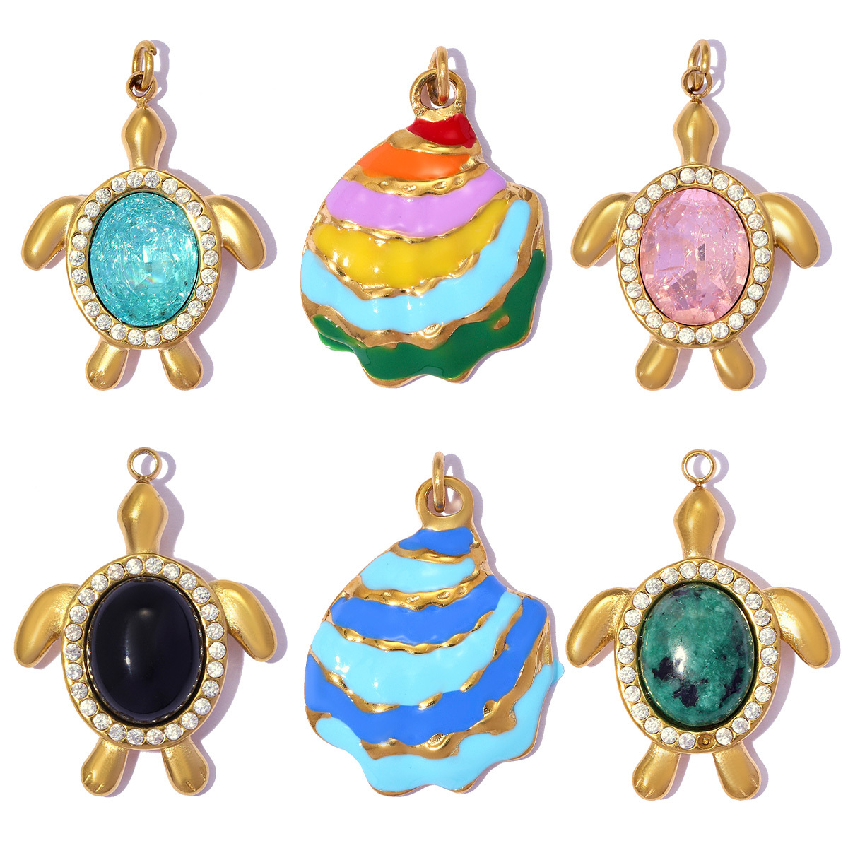 6pcs/pack Stainless Steel Rhinestone Zircon Turtle DIY Charms Rainbow Enamel Shell Necklace Pendants Women Natural Stone Jewelry