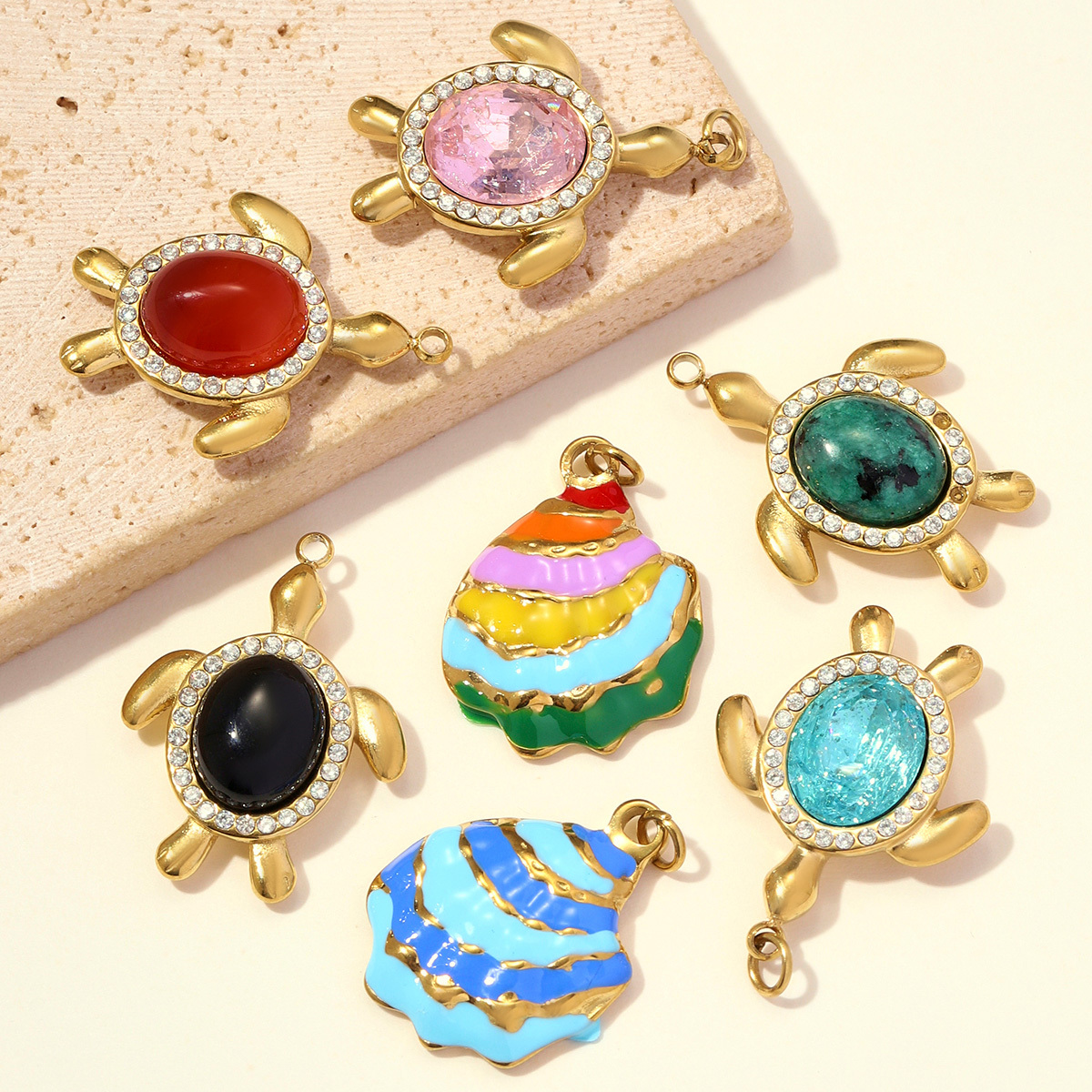 6pcs/pack Stainless Steel Rhinestone Zircon Turtle DIY Charms Rainbow Enamel Shell Necklace Pendants Women Natural Stone Jewelry