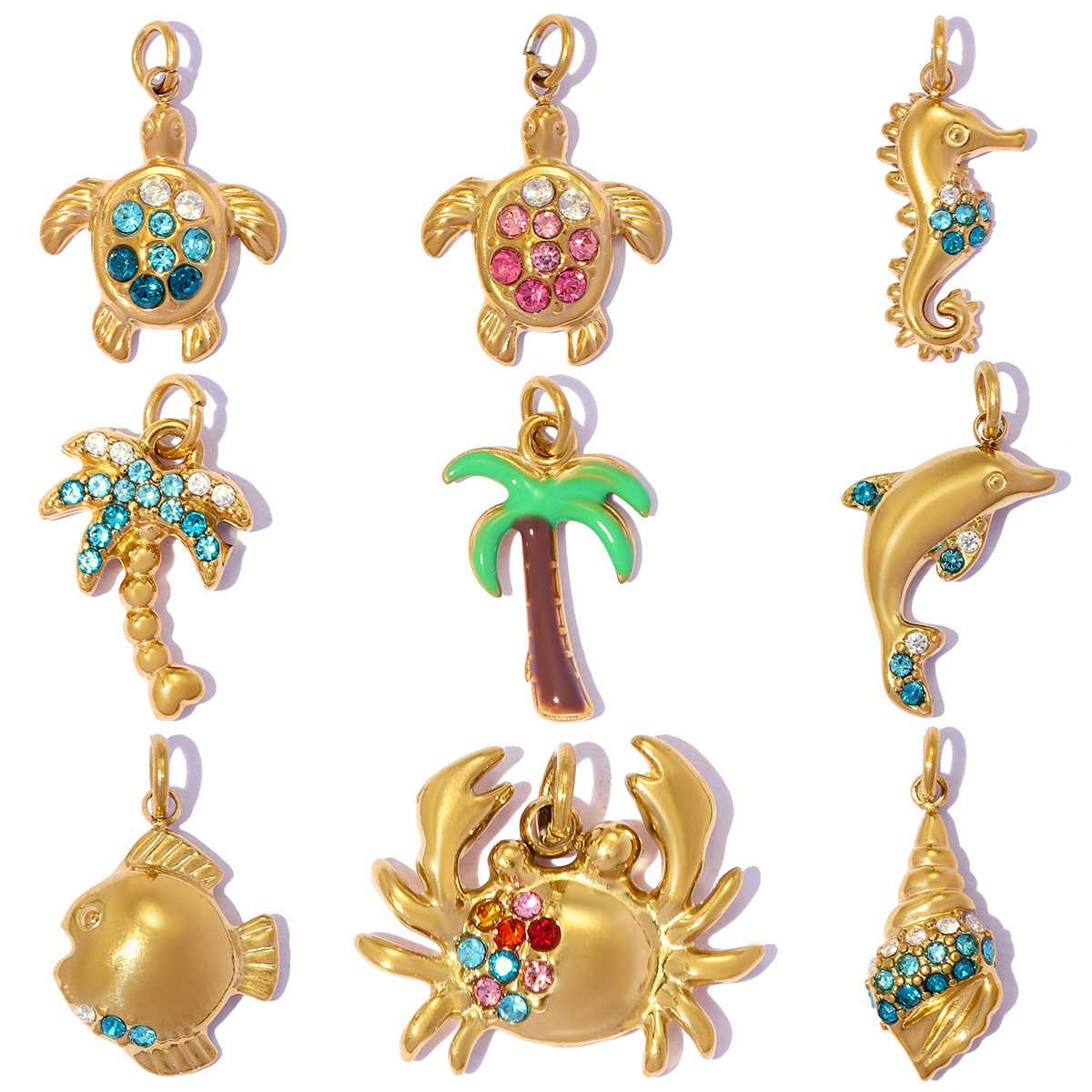 6pcs/pack Stainless Steel Rhinestone Dolphin Seahorse DIY Bracelet Charms Conch Crab Necklace Pendants Women Palm Jewelry Wholesale