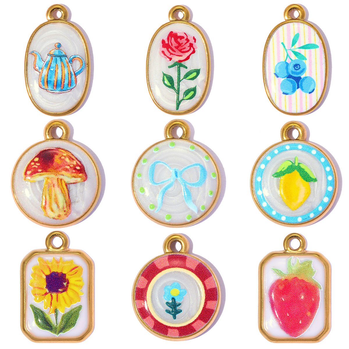 6pcs/pack Stainless Steel Enamel Teapot Blueberry DIY Bracelet Charms Bow Knot Necklace Pendants Women Mushroom Jewelry Wholesale