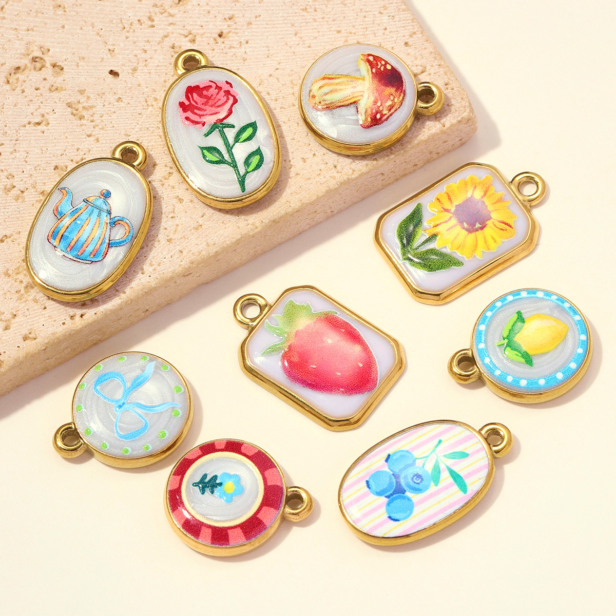 6pcs/pack Stainless Steel Enamel Teapot Blueberry DIY Bracelet Charms Bow Knot Necklace Pendants Women Mushroom Jewelry Wholesale