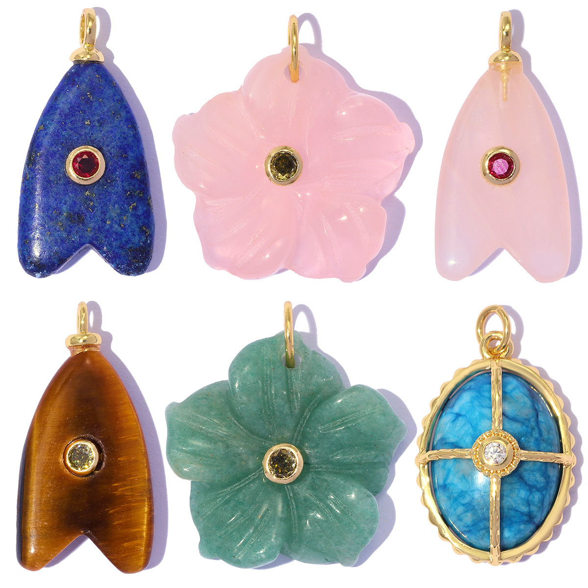 6pcs/pack 18k Real Gold Copper Natural Stone Flower DIY Earring Charms Zircon Letter A Necklace Pendants Women Jewelry Wholesale