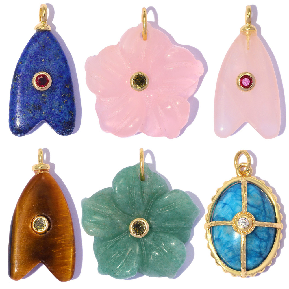 6pcs/pack 18k Real Gold Copper Natural Stone Flower DIY Earring Charms Zircon Letter A Necklace Pendants Women Jewelry Wholesale