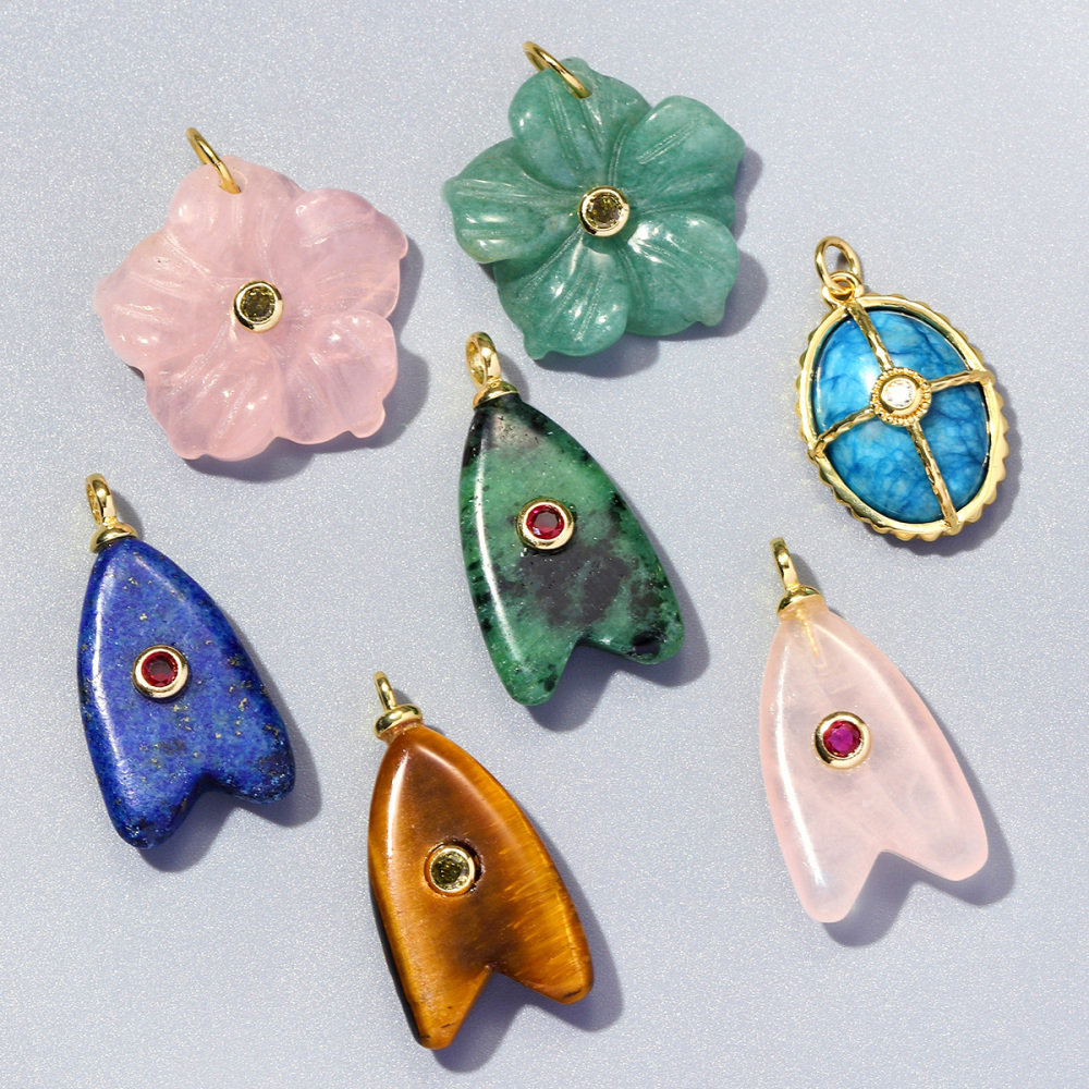 6pcs/pack 18k Real Gold Copper Natural Stone Flower DIY Earring Charms Zircon Letter A Necklace Pendants Women Jewelry Wholesale