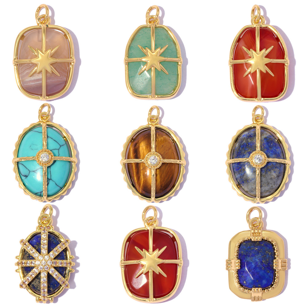 6pcs/pack Copper Natural Stone Geometric Oval DIY Earring Charms Zircon Square Necklace Pendants Women Star Jewelry Wholesale
