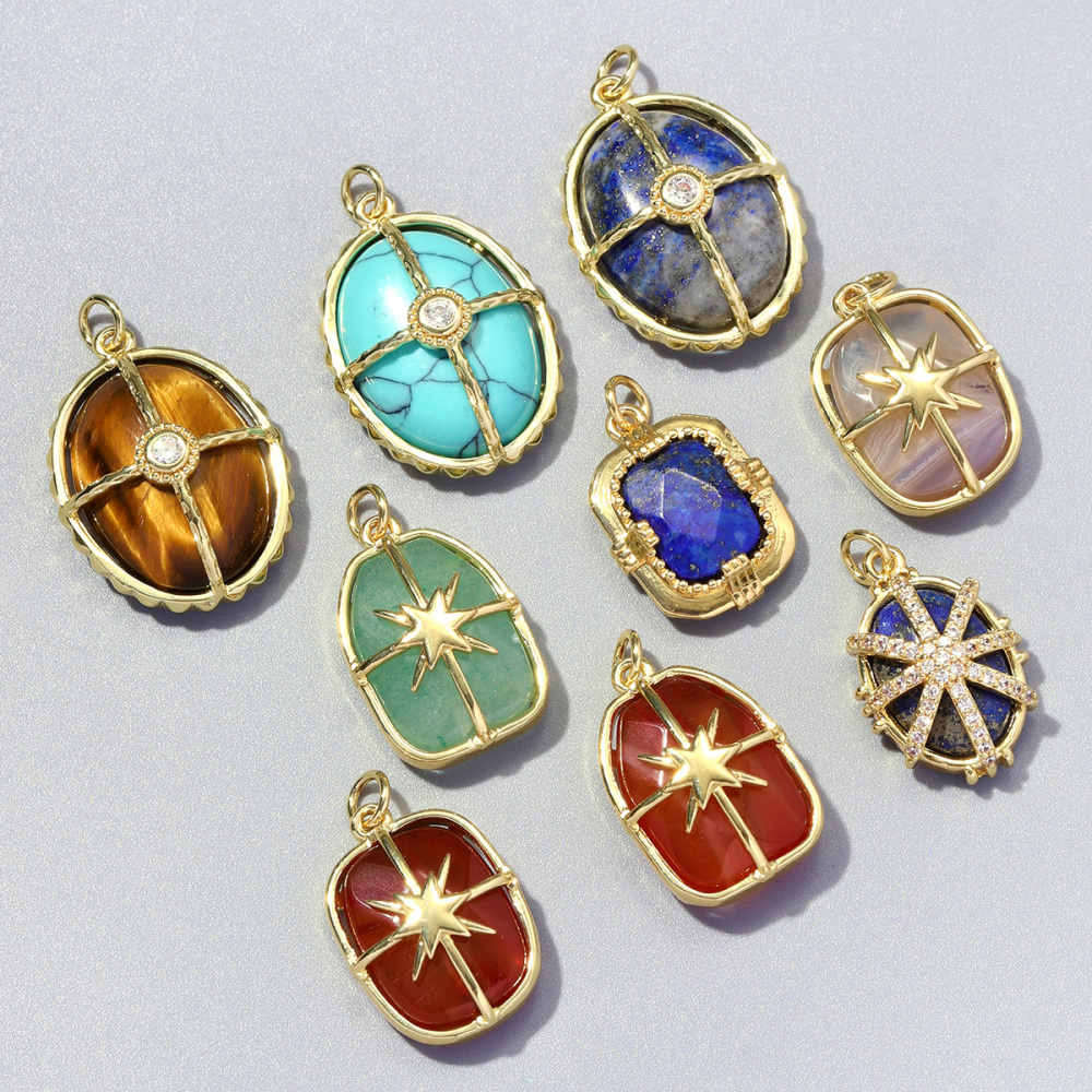 6pcs/pack Copper Natural Stone Geometric Oval DIY Earring Charms Zircon Square Necklace Pendants Women Star Jewelry Wholesale