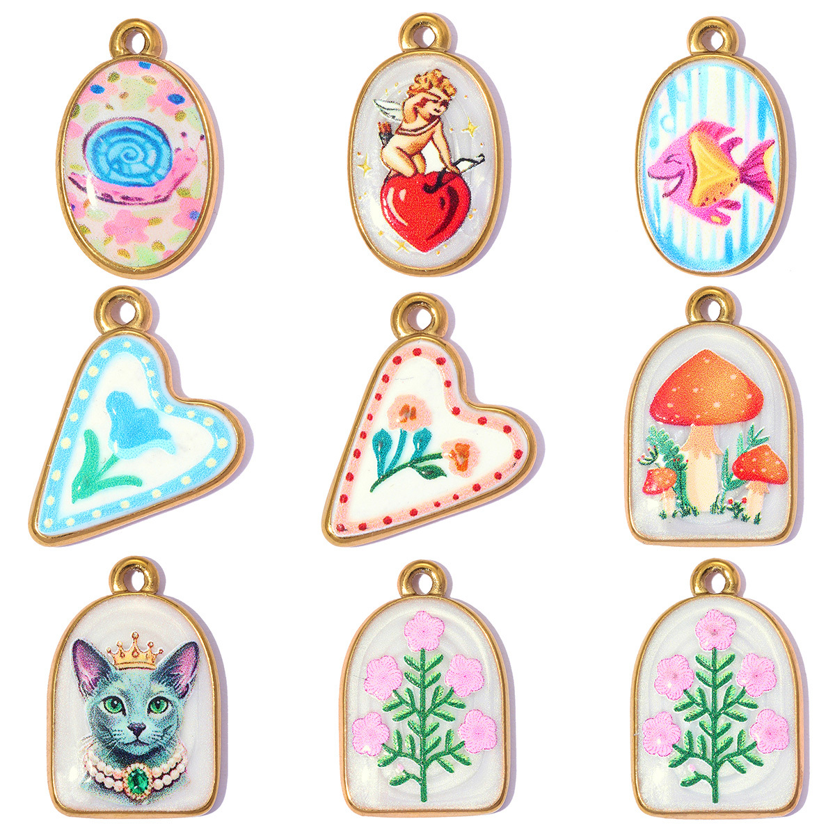 6pcs/pack Stainless Steel Enamel Cat Fish Snail DIY Earring Charms Flower Angel Necklace Pendants Women Mushroom Heart Jewelry Wholesale