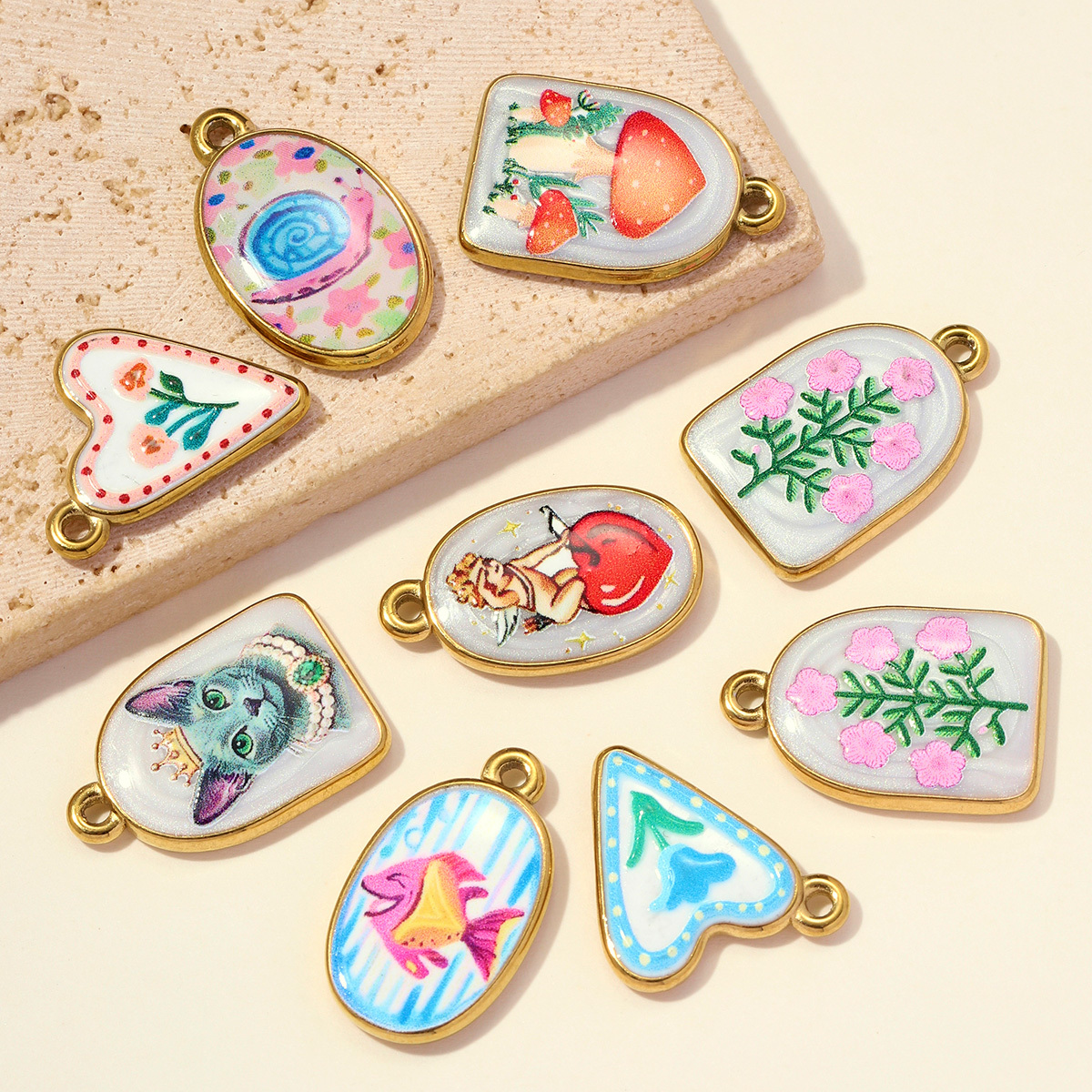 6pcs/pack Stainless Steel Enamel Cat Fish Snail DIY Earring Charms Flower Angel Necklace Pendants Women Mushroom Heart Jewelry Wholesale