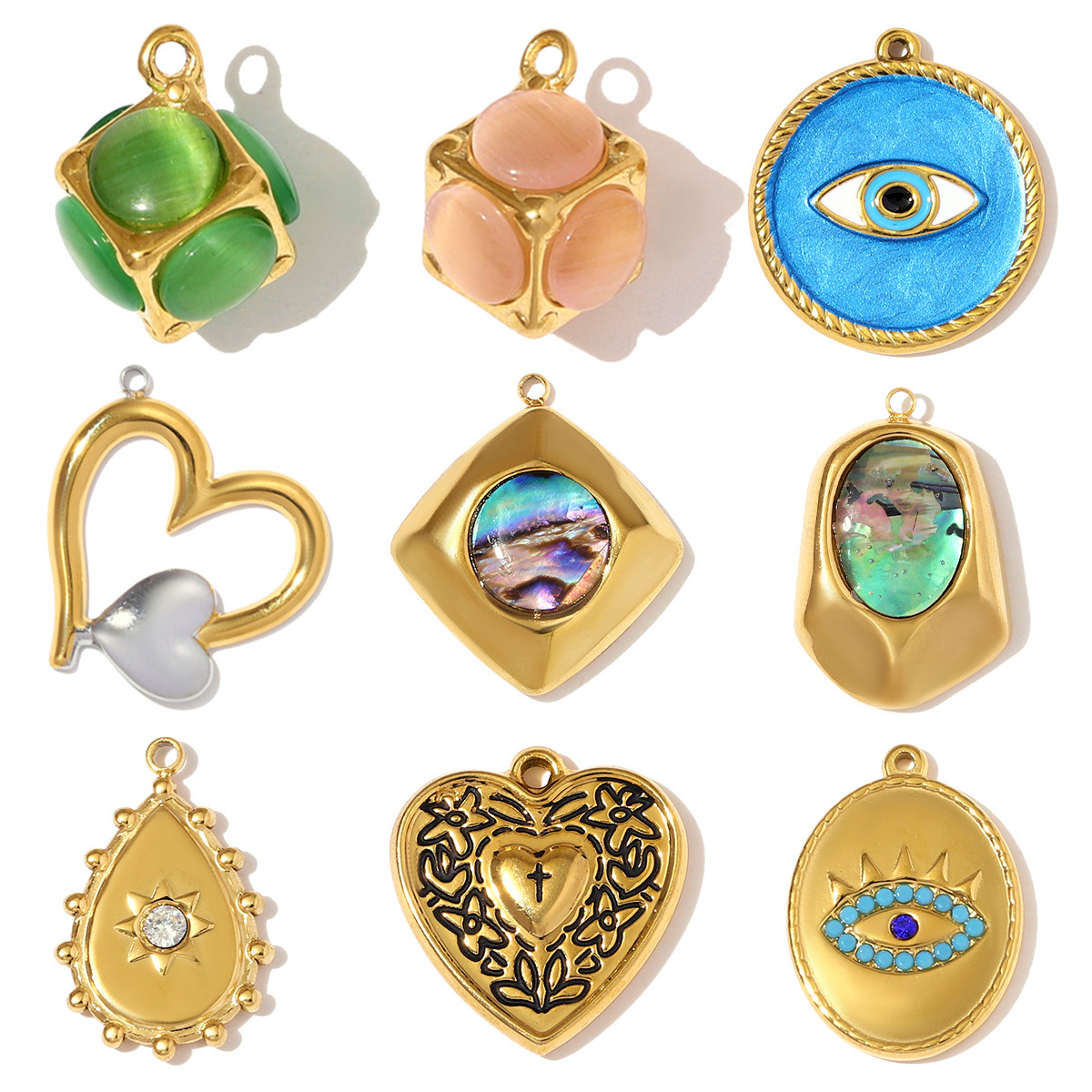 6pcs/pack Stainless Steel 3D Stone Cube Necklace Pendants Enamle Heart Evil Eye DIY Charms Women Geometric Shell Jewelry Wholesale