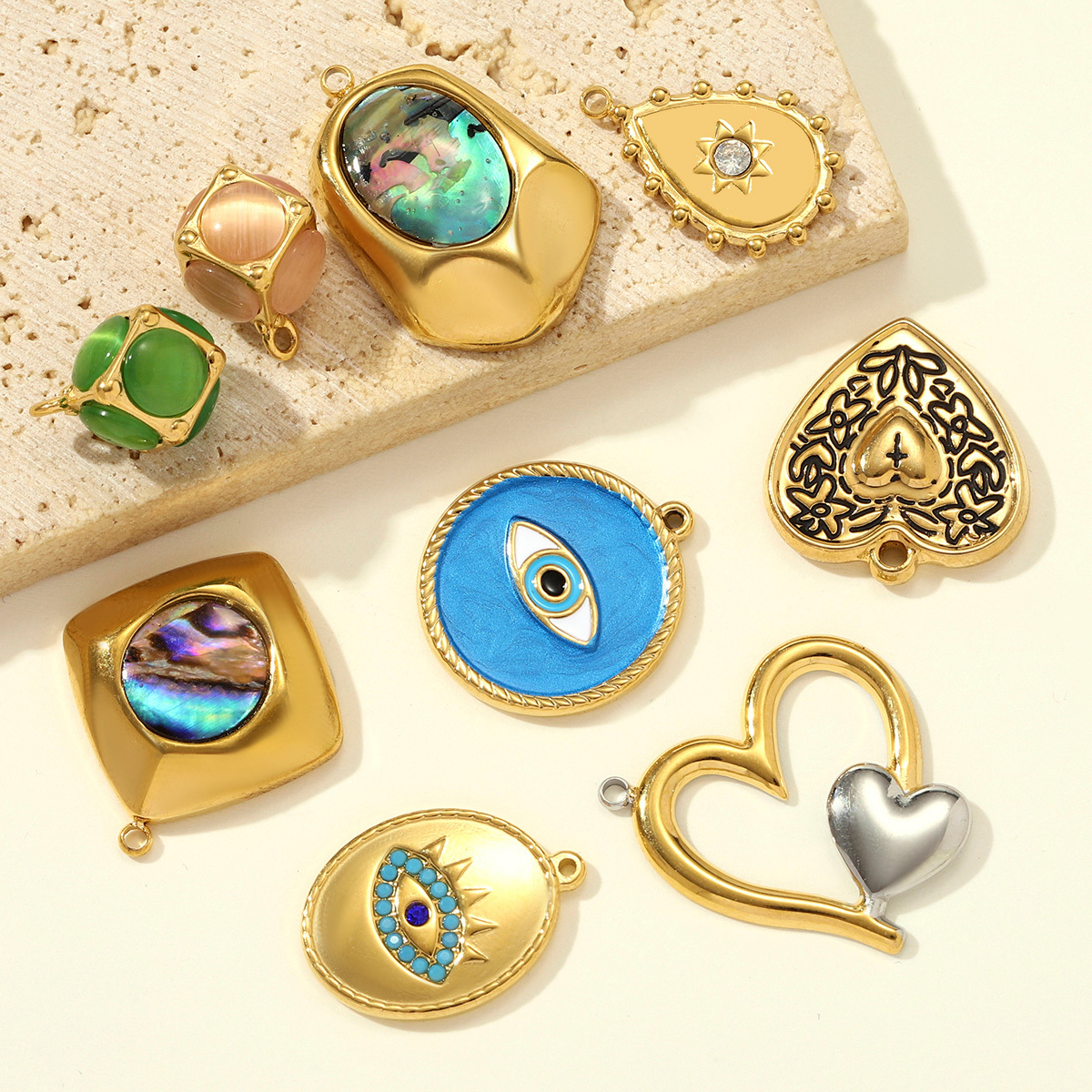 6pcs/pack Stainless Steel 3D Stone Cube Necklace Pendants Enamle Heart Evil Eye DIY Charms Women Geometric Shell Jewelry Wholesale