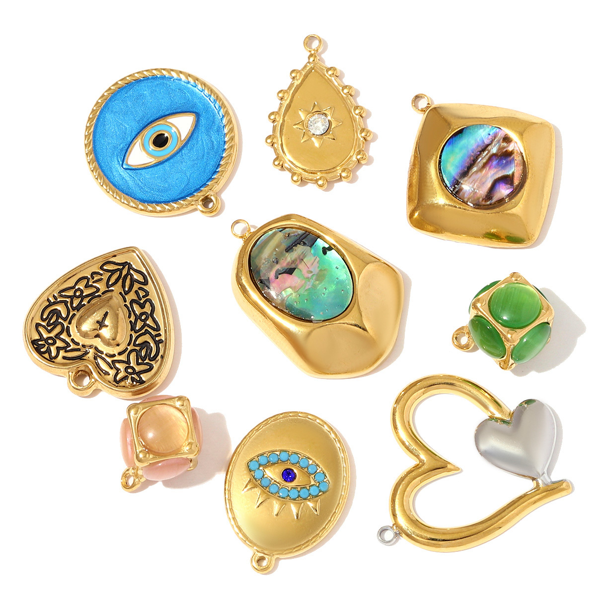 6pcs/pack Stainless Steel 3D Stone Cube Necklace Pendants Enamle Heart Evil Eye DIY Charms Women Geometric Shell Jewelry Wholesale