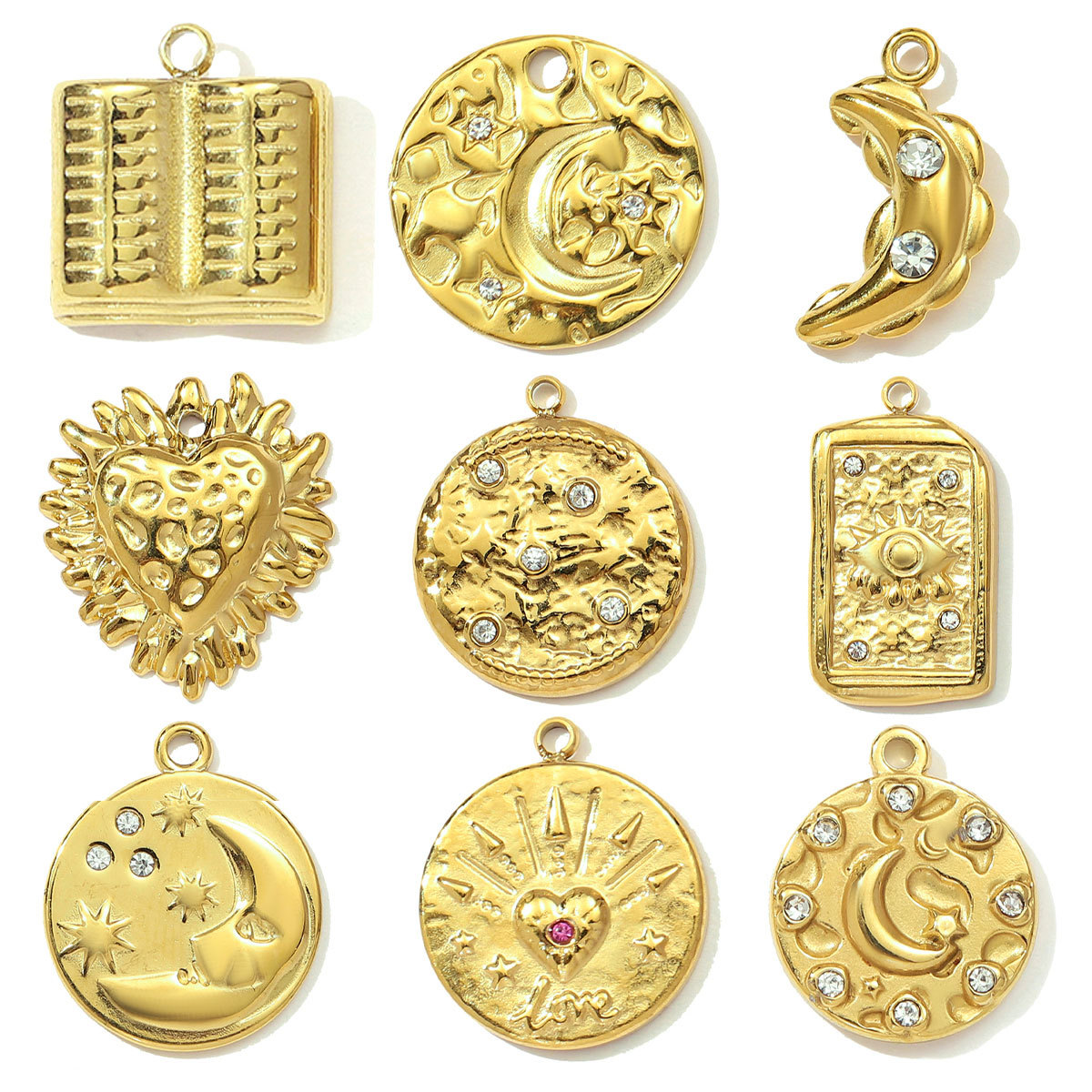 6pcs/pack French Retro Stainless Steel The Bible Love Heart Pendants Rhinestone Moon Star DIY Bracelet Charms Women Evil Eye Jewelry