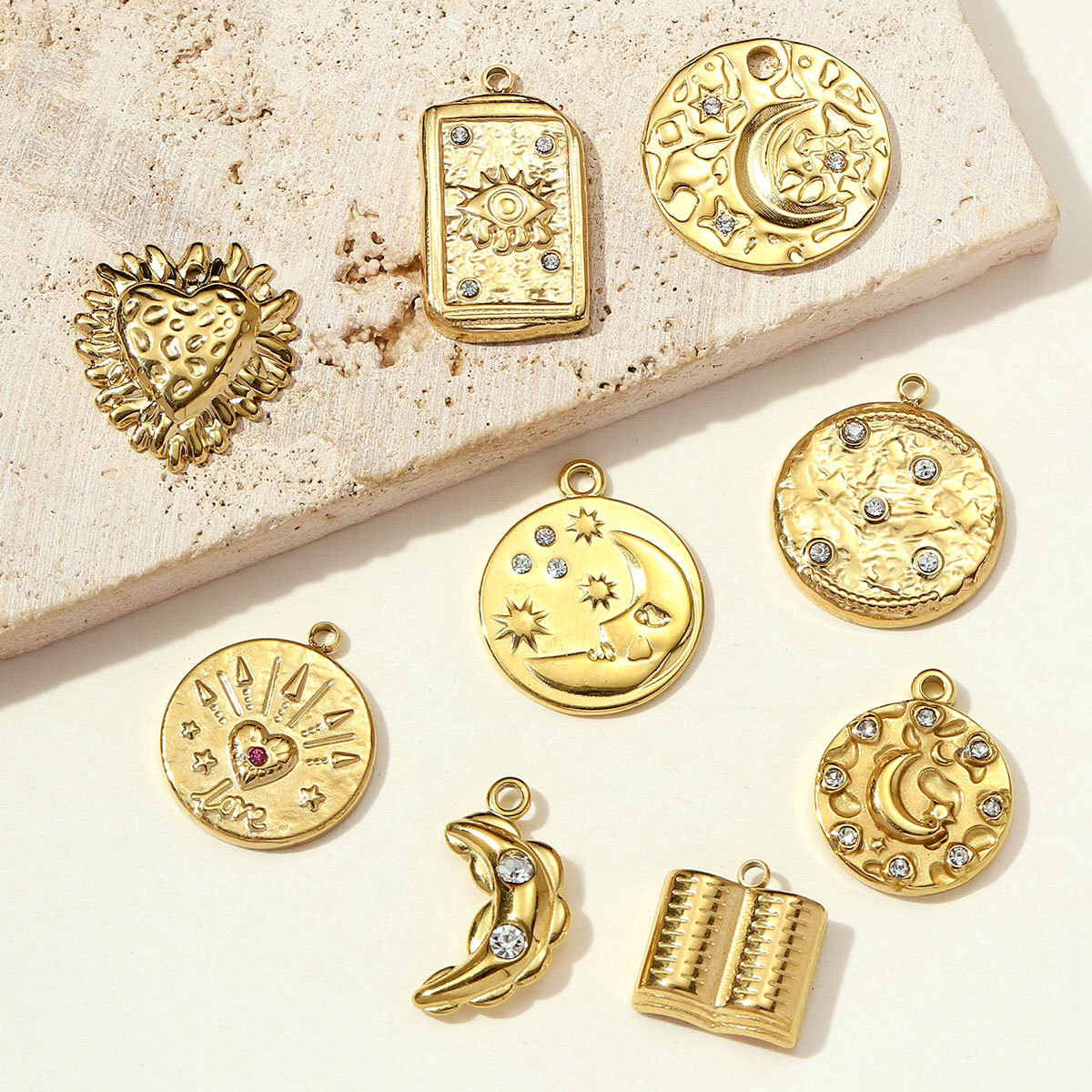 6pcs/pack French Retro Stainless Steel The Bible Love Heart Pendants Rhinestone Moon Star DIY Bracelet Charms Women Evil Eye Jewelry