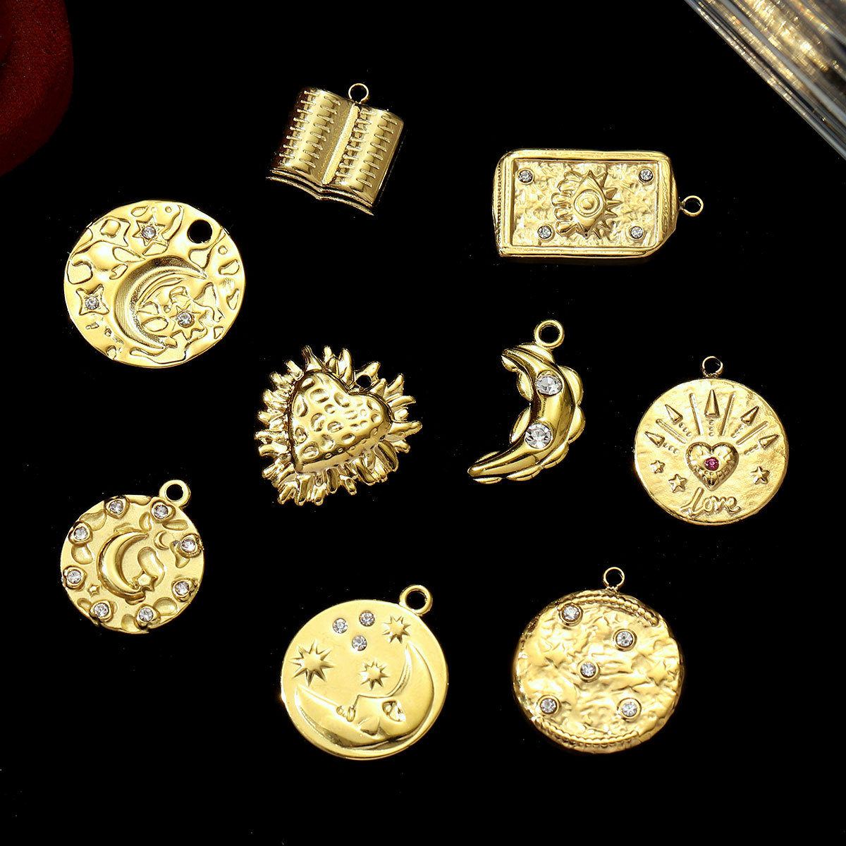 6pcs/pack French Retro Stainless Steel The Bible Love Heart Pendants Rhinestone Moon Star DIY Bracelet Charms Women Evil Eye Jewelry