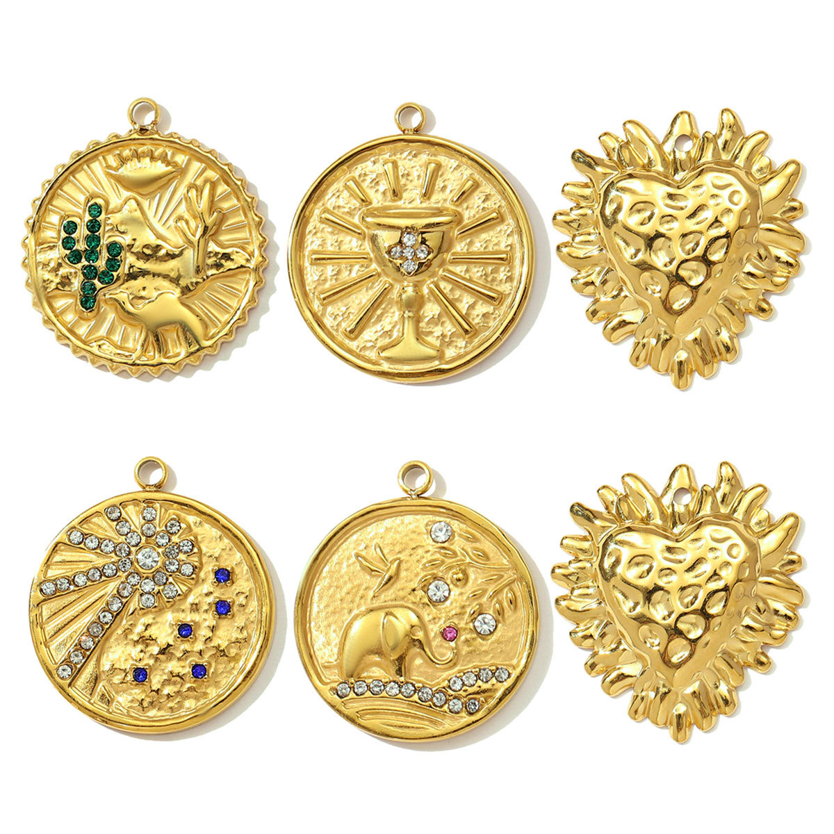 6pcs/pack Stainless Steel Elephant Camel Necklace Pendants Rhinestone Sun Trophy DIY Bracelet Charms Women Cactus Heart Jewelry