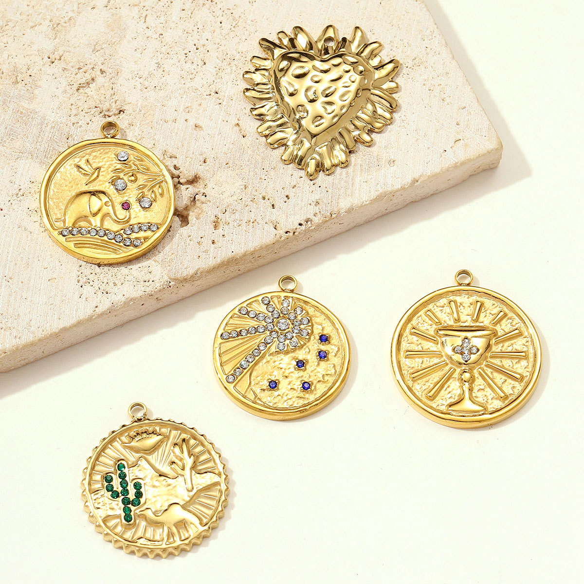 6pcs/pack Stainless Steel Elephant Camel Necklace Pendants Rhinestone Sun Trophy DIY Bracelet Charms Women Cactus Heart Jewelry