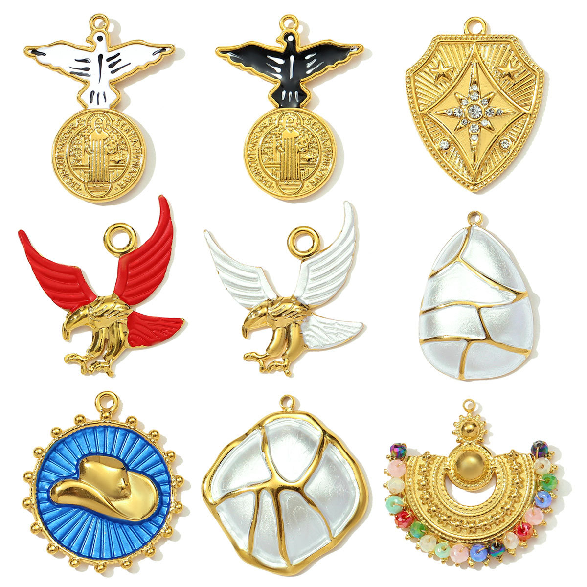 6pcs/pack Stainless Steel Eagle Chapter Necklace Pendants Rhinestone Cowboy Hat DIY Charms Women Geometric Emamel Jewelry