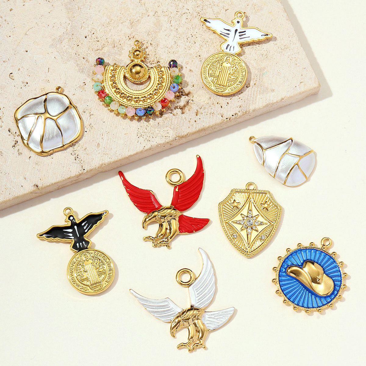 6pcs/pack Stainless Steel Eagle Chapter Necklace Pendants Rhinestone Cowboy Hat DIY Charms Women Geometric Emamel Jewelry