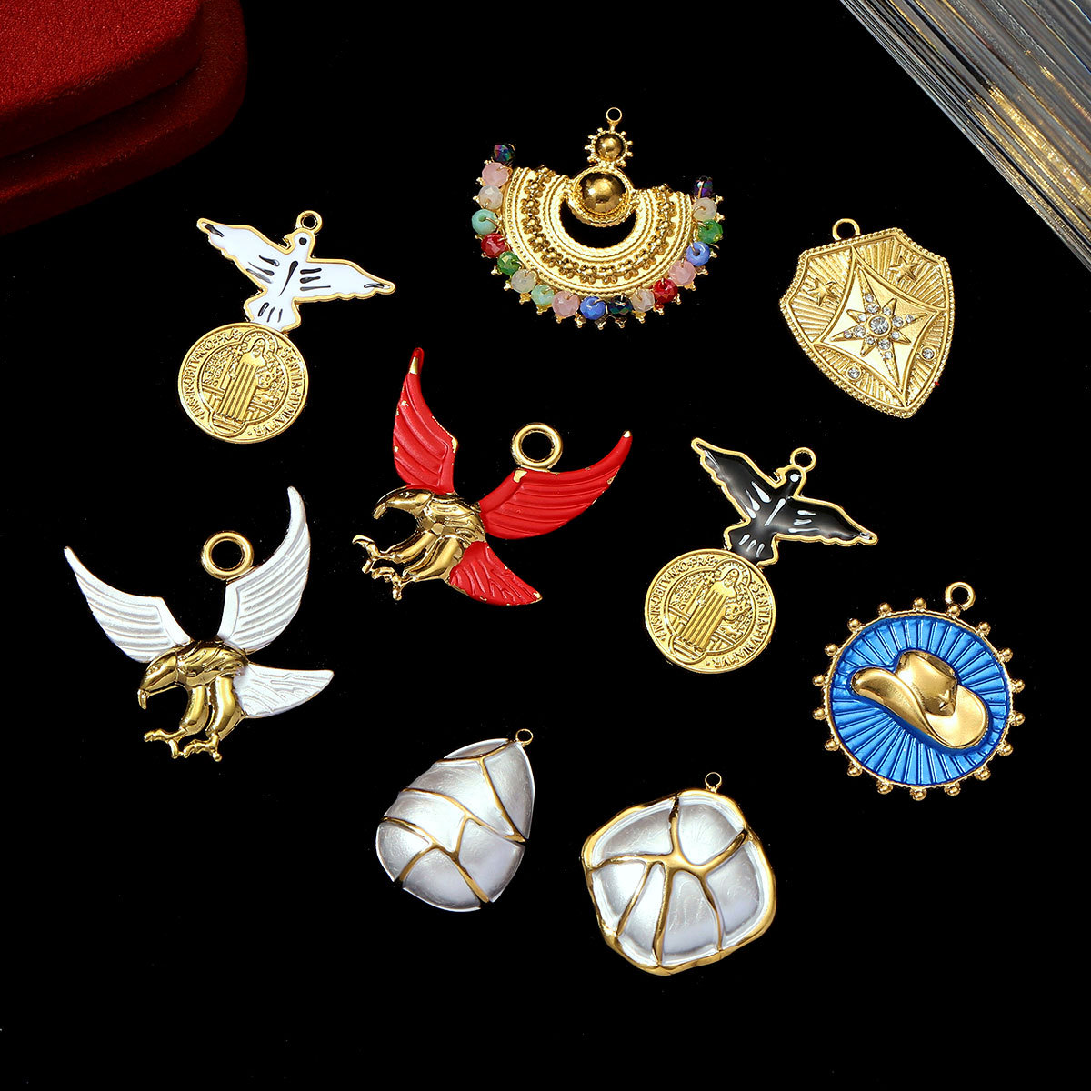 6pcs/pack Stainless Steel Eagle Chapter Necklace Pendants Rhinestone Cowboy Hat DIY Charms Women Geometric Emamel Jewelry