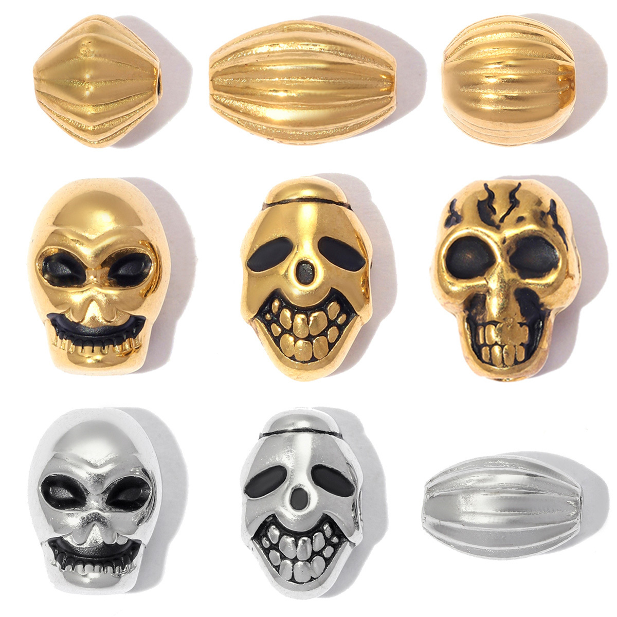 6pcs/lot Punk Stainless Steel Small Hole Skull Beads Round Oval Spacer Charms for Beaded Bracelet DIY Jewelry Making Accessories