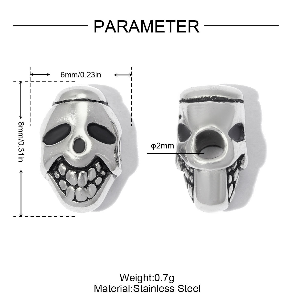 6pcs/lot Punk Stainless Steel Small Hole Skull Beads Round Oval Spacer Charms for Beaded Bracelet DIY Jewelry Making Accessories