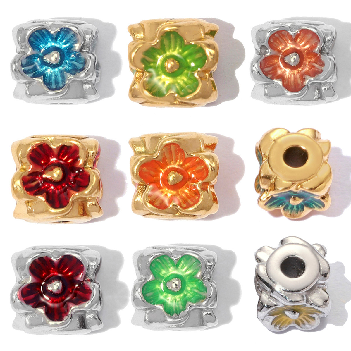 6pcs/lot Stainless Steel Small Hole Enamel Flower Beads Cube Square Spacer Charms for Beaded Bracelet DIY Jewelry Making Accessories
