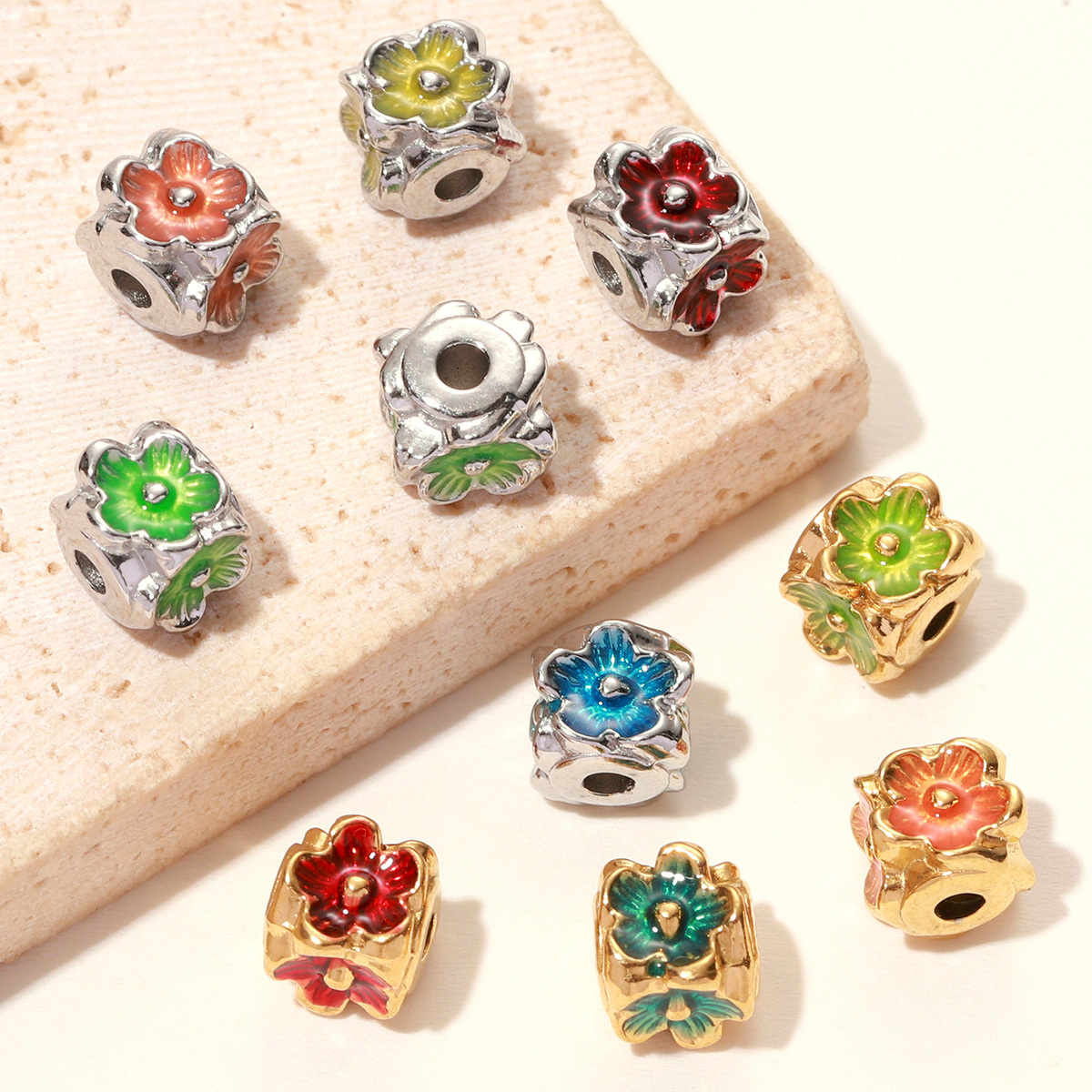 6pcs/lot Stainless Steel Small Hole Enamel Flower Beads Cube Square Spacer Charms for Beaded Bracelet DIY Jewelry Making Accessories