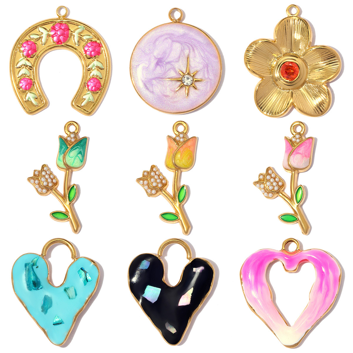 6pcs/pack Stainless Steel Enamel Heart Lock DIY Charms Rhinestone Tulip Necklace Pendant Women Horseshoe Flower Jewelry Wholesale