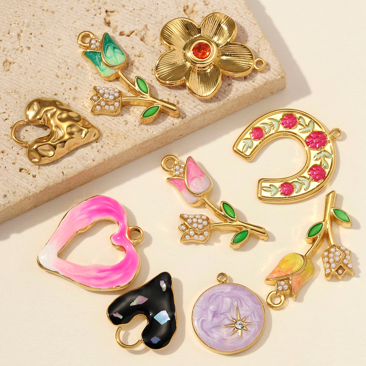 6pcs/pack Stainless Steel Enamel Heart Lock DIY Charms Rhinestone Tulip Necklace Pendant Women Horseshoe Flower Jewelry Wholesale