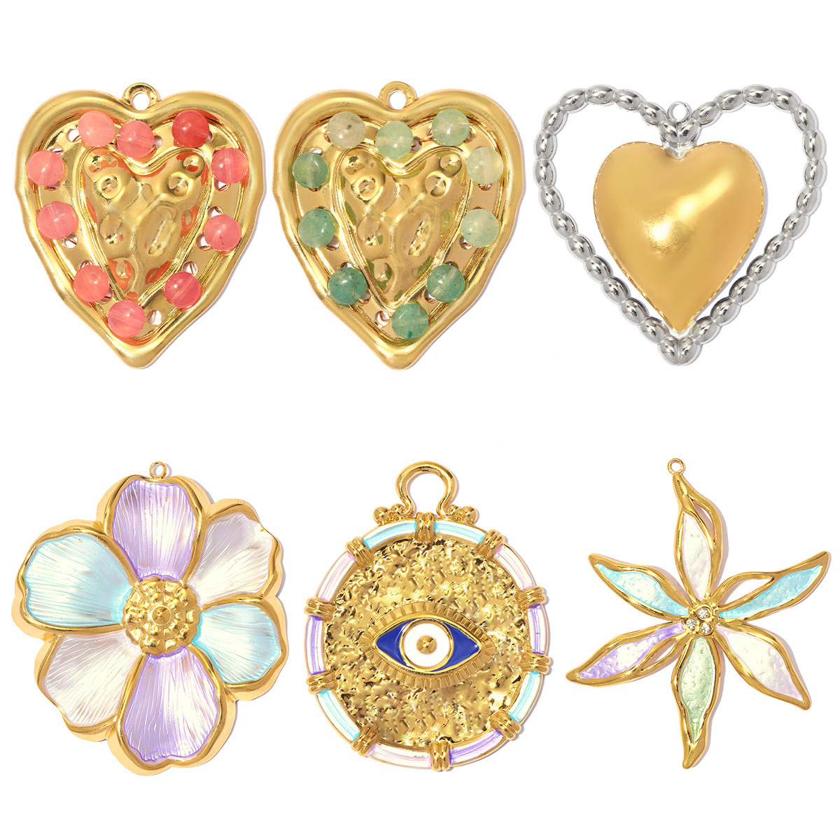 6pcs/pack Stainless Steel Natural Stone Beaded Heart DIY Charms Enamel Rainbow Flower Necklace Pendant Women Eye Jewelry Wholesale