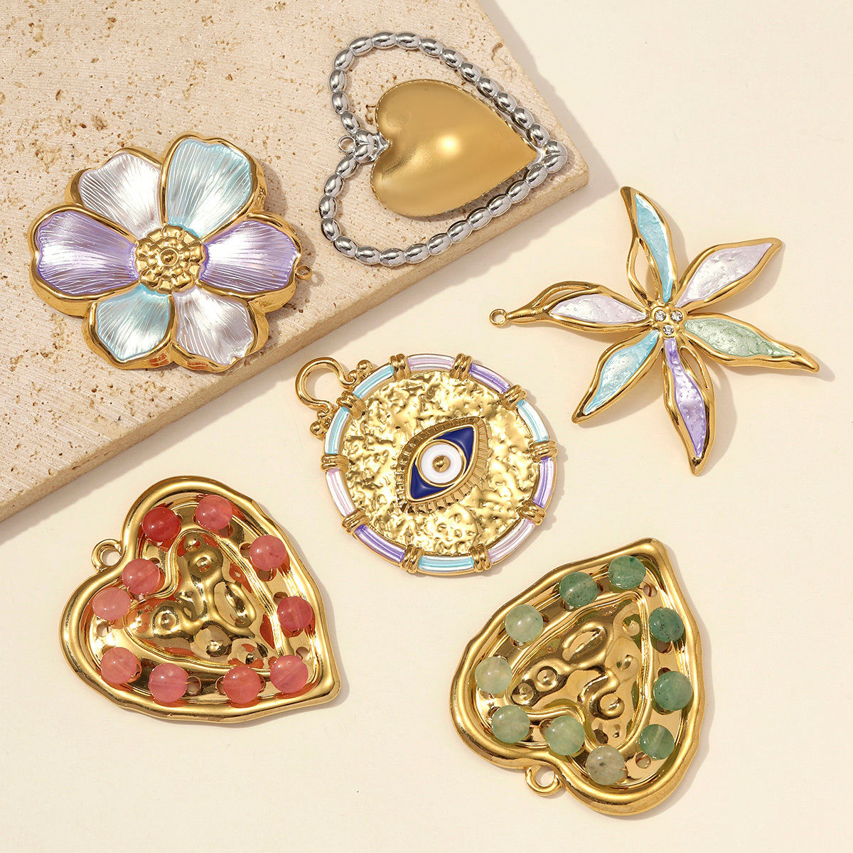 6pcs/pack Stainless Steel Natural Stone Beaded Heart DIY Charms Enamel Rainbow Flower Necklace Pendant Women Eye Jewelry Wholesale