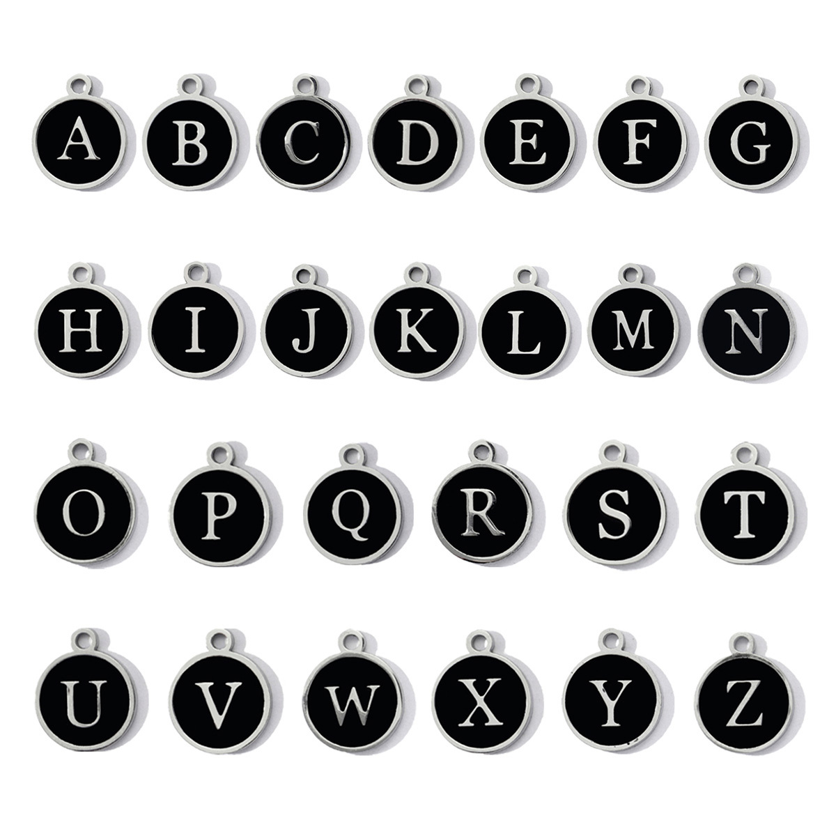 6pcs/pack Stainless Steel Black Enamel Round A-Z Alphabet Charms Letters Small Pendant for Women DIY Jewelry Bracelet Making
