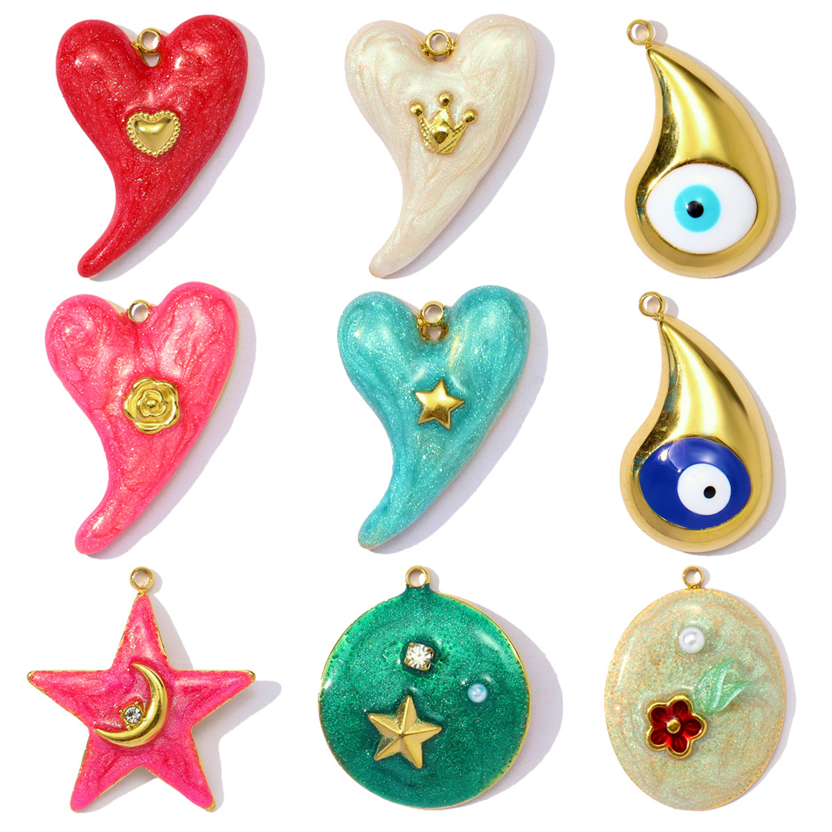6pcs/pack Wholesale Stainless Steel Enamel Star Moon Heart Pendants Evil Eye DIY Charms Women Jewelry Necklace Making
