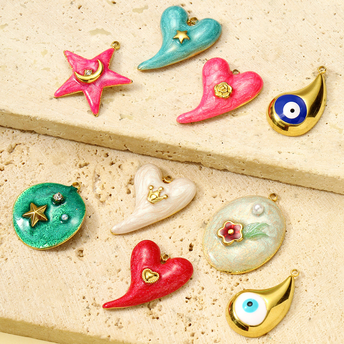 6pcs/pack Wholesale Stainless Steel Enamel Star Moon Heart Pendants Evil Eye DIY Charms Women Jewelry Necklace Making
